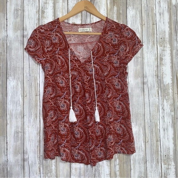 Abercrombie & Fitch Tops - Abercrombie & Fitch Red Bandana Print Blouse Boho Paisley Tassel Tie Top Medium